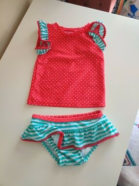Cat & Jack Red Polka Dot Rash Guard with Teal Stripe Skirted Bottoms